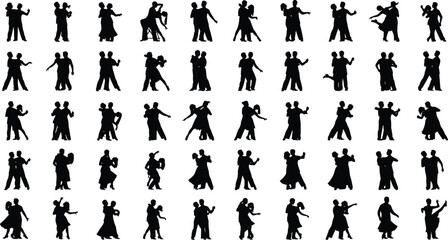 Dancing couples silhouette, ballroom movement, romantic pose, dance steps, elegant gesture, black figures, expressive motion, partner interaction, choreography art, stylish pattern