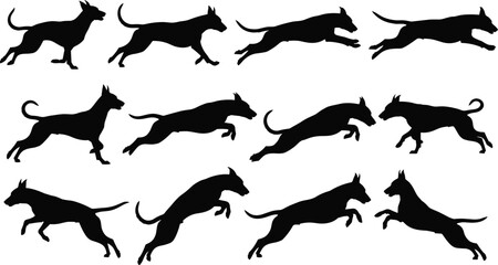 Dog silhouette, running dog, leaping dog, canine motion, pet movement, animal pose, dog animation, black dog, dynamic dog, dog sprint