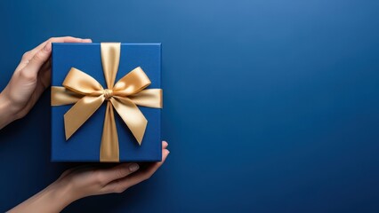Overhead view of a pair of hands gently holding a square, deep blue gift box adorned with a shiny gold ribbon and bow, set against a solid, dark blue background with ample copy space on the right