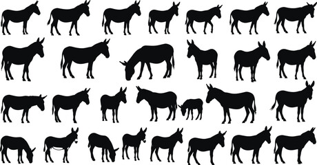 Donkey silhouettes, animal posture grid, black shapes, visual puzzle, standing donkey, walking donkey, bending donkey, educational, cognition, pattern, recognition, farm animal, wildlife