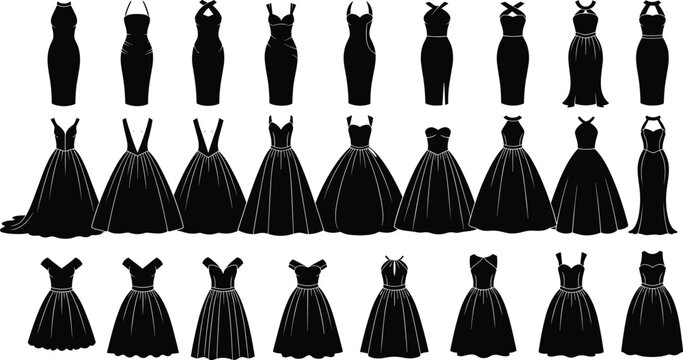 Dress silhouettes collection, fashion design template, garment outline set, clothing style reference, female outfit sketch, apparel illustration, couture inspiration