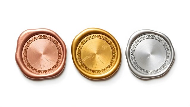 Three oval wax seals in bronze gold and silver colors
