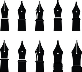 Fountain pen nib silhouette icons, vintage writing tools, vector illustration, black ink nibs, graphic design elements, typography symbols, minimal style