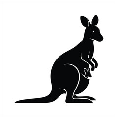 Silhouette of a mother kangaroo with joey in pouch, simple black and white design