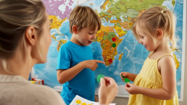 Children and Teacher Pointing to Countries on World Map Together