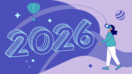 Illustration depicting the year two thousand twenty six with a woman wearing a vr headset in a stylized scene