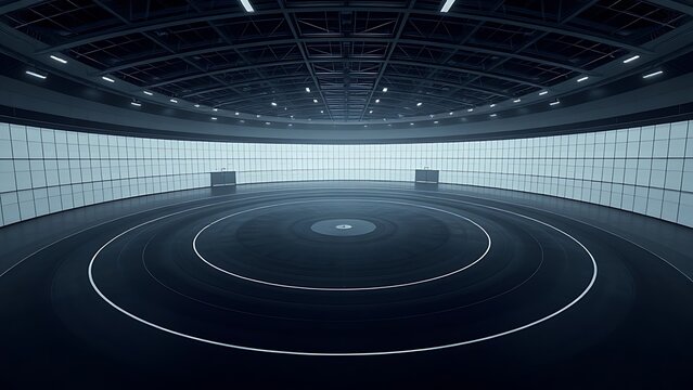 velodrome. Vast empty indoor cycling arena with circular track under dim lighting. event key visuals, club posters, designed for sports event promotions and stadium branding.