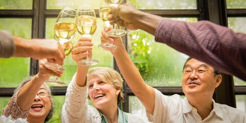 Group of diverse people toasting with wine glasses, celebrating together. Smiling faces, joyful atmosphere, diverse group enjoying a celebration. Seniors toasting with wine at luncheon.