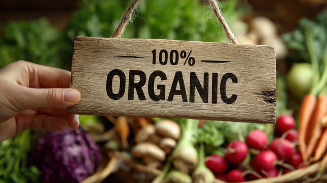Sign displays 100 percent organic produce in a vibrant market filled with fresh vegetables and fruits during the harvest season