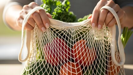 Hands holding a reusable mesh shopping bag filled with fresh, healthy vegetables like kale and carrots, promoting sustainable living and eco-friendly choices.