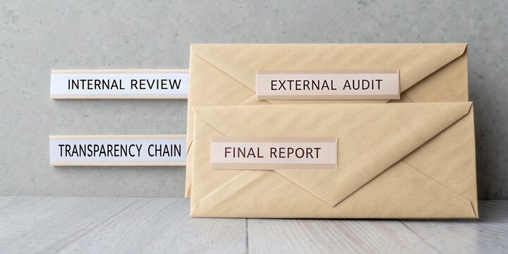 Business documents and envelopes for internal review, external audit, and final report on a wooden surface against a concrete wall