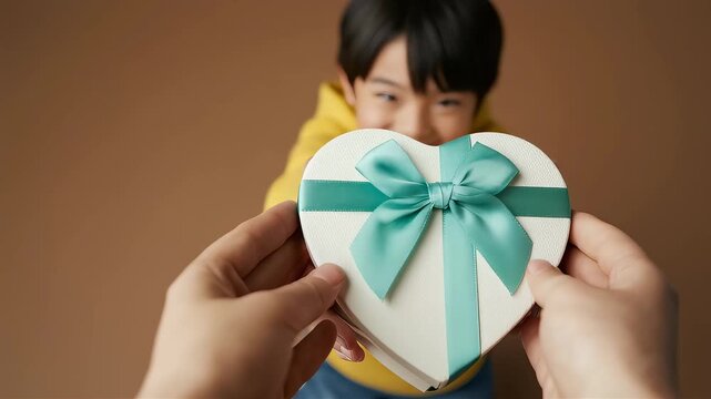 黄色いパーカーを着た日本人の男の子が、笑顔でハート型のプレゼントを手渡すバストアップ映像