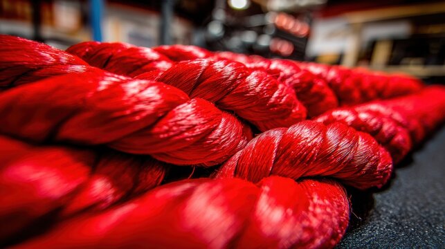 Thick red training ropes arranged neatly in a gym setting during a workout session