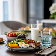 Nutritious Balanced Meal Fresh Vegetables, Protein, and Dairy