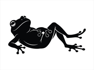 Stylized black and white vector illustration of a relaxed lounging frog on its back