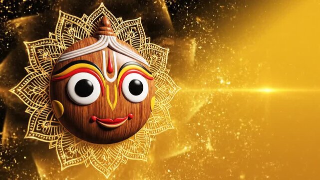 Lord Jagannath circular face icon with vibrant colors, delicate mandala bloom animation around it, soft temple bells shimmer