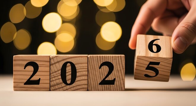 Hand flipping a wooden block from 2025 to 2026 with festive bokeh light - Powered by Adobe