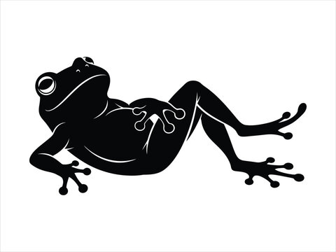 Stylized black and white vector illustration of a relaxed lounging frog on its back