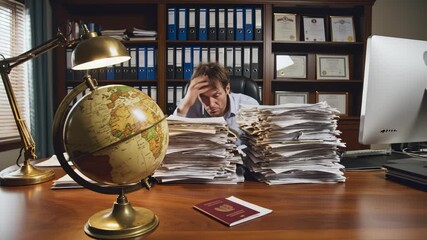 Overwhelmed Businessman Drowning in Paperwork at Desk in Office Interior