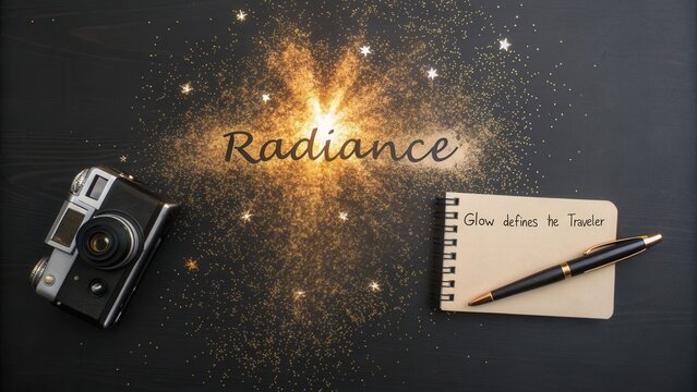 Creative composition featuring camera, notebook, pen, and sparkling dust representing the essence of radiance and inspiration