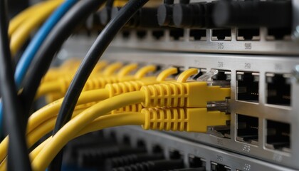 Network hub, switch, and patch cables connecting equipment in a server datacenter