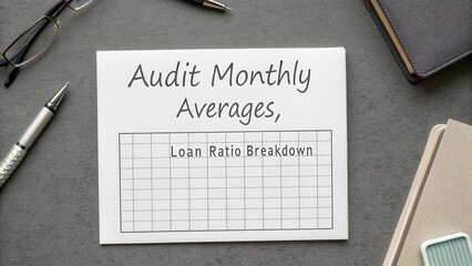Audit Monthly Averages and Loan Ratio Breakdown Document on a Desk Surrounded by Office Supplies and Glasses