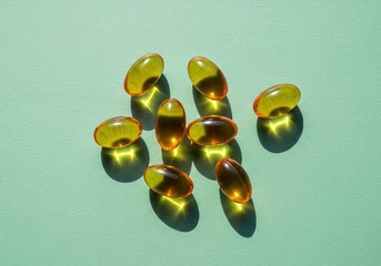 Yellow Translucent Vitamin Softgel Pills with Hard Shadows on a Light Green Surface