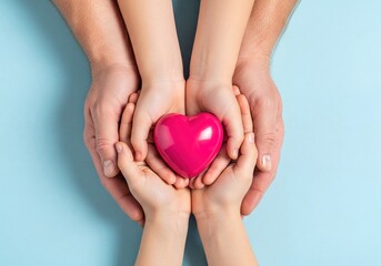 Obraz premium Pink heart held gently in cupped hands of parent and child symbolizing love