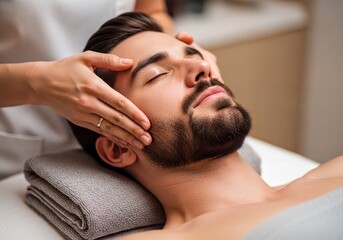 Fototapeta premium Professional Facial Massage for Young Man at a Luxury Spa for Wellness and Relaxation