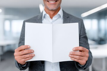 businessman holding clean white paper document in corporate setting