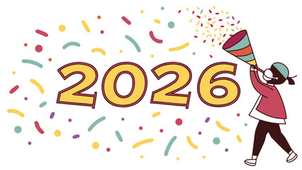 Fototapeta premium Illustration of person blowing party horn with confetti and the year two thousand twenty six shown