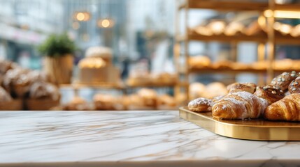 Warm Bakery Scene With Freshly Baked Pastries on a Marble Countertop During Golden Morning Light