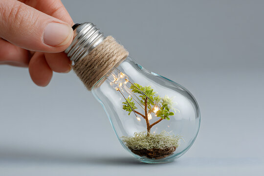 human hand holding a light bulb with a plant sprout inside. Concept of green energy saving, renewable and recycling. Ecology behavior for global warming.