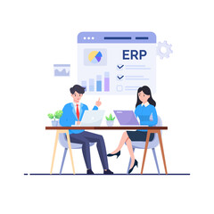 ERP enterprise resource planning concept, company productivity and improvement. flat vector illustration on a white background.