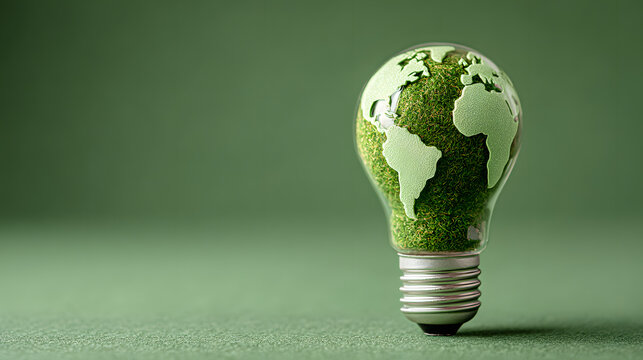 Renewable Energy.Environmental protection, renewable, sustainable energy sources. Green world map on the light bulb on green background .green energy. Renewable energy is important to the world