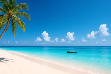 Naklejka premium Tropical beach background with coconut palm tree, white sand and turquoise ocean water. Sunny summer vacation paradise landscape with small boat and blue sky for travel banner.