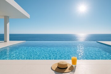 Obraz na płótnie Canvas Luxury infinity swimming pool background with orange juice and straw hat. Sunny summer vacation resort terrace with blue ocean sea view and horizon for travel banner.