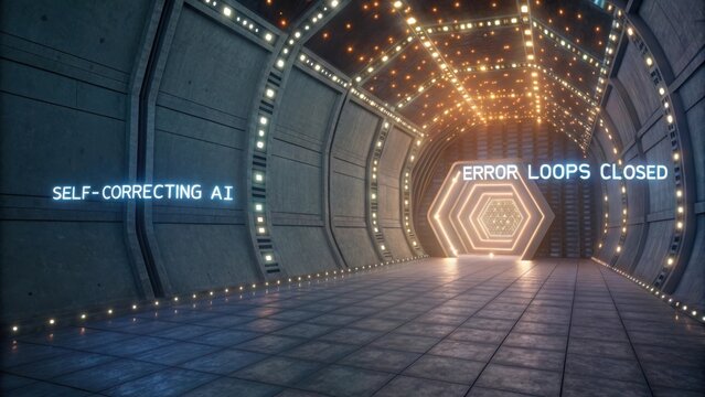 Futuristic corridor with illuminated walls showcasing self-correcting AI technology and closed error loops in a sci-fi setting - Powered by Adobe
