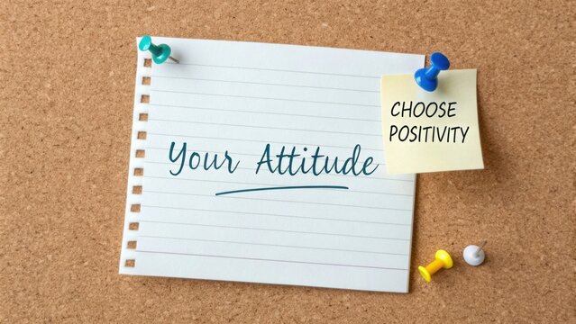 Inspiring Note on Corkboard Emphasizing the Importance of Attitude and Positivity in Daily Life and Personal Growth