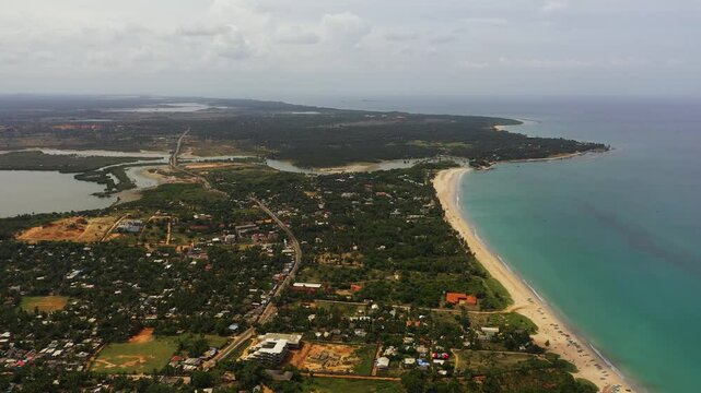 Top view of town Trincomalee with tourist infrastructure and beaches in Sri Lanka view from above.
