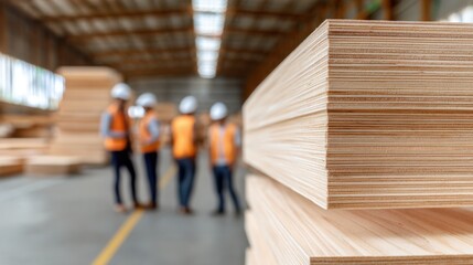Construction workers discuss plans in a lumber warehouse while stacks of wood are visible in the foreground