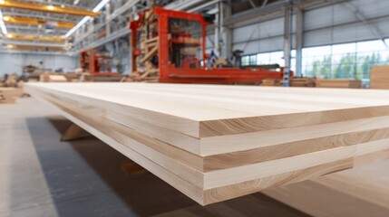 High-quality wood boards stacked in a woodworking factory during daylight hours for production