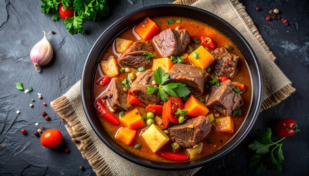 Succulent beef chunks and vibrant vegetables stewing together in a rustic black ceramic bowl, rich broth simmering with steam rising gently. Textured dark slate background providing elegant contrast. 