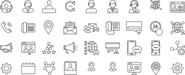 Communication and Customer Service Line Icons Set for Digital Support, Mobile Interface, Contact Tools, Technology, Network, and User Experience