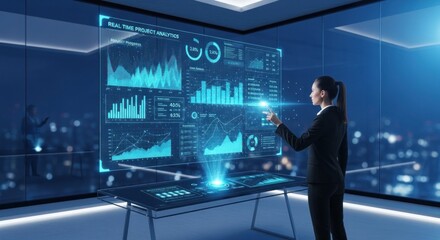 Futuristic Project Analytics: Woman Interacting with Holographic Data Display