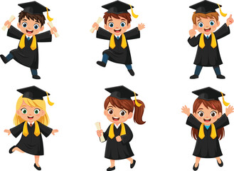 Cartoon children in graduation gowns celebrating with diplomas and caps, vector illustration for education, achievement, school events, and milestones.