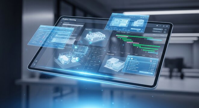Futuristic Project Planning: Tablet Displaying Architectural Blueprints and Gantt Chart