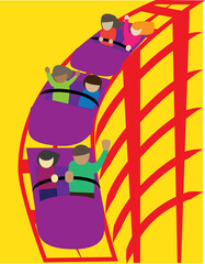 A vector art of people riding the fast thrilling roller coaster ride. 