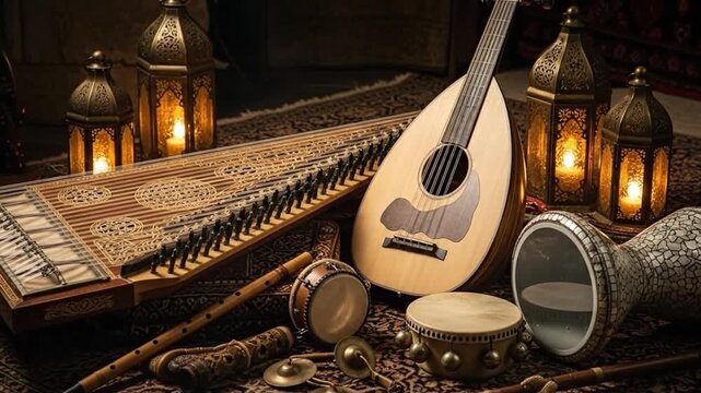 Captivating close-up of traditional arabian musical instruments with ornate lanterns