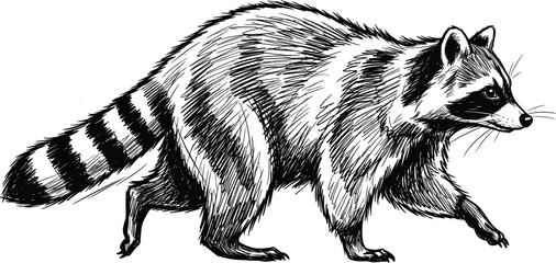 Black and white raccoon vector illustration in walking pose with detailed fur, striped tail, masked face, forest animal, wildlife drawing